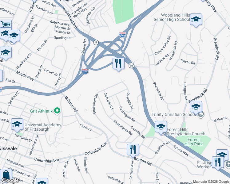 map of restaurants, bars, coffee shops, grocery stores, and more near 22 Hawthorne Rd in Pittsburgh