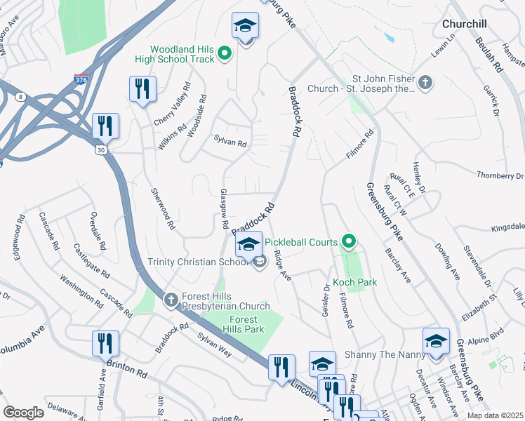 map of restaurants, bars, coffee shops, grocery stores, and more near 743 Braddock Road in Pittsburgh