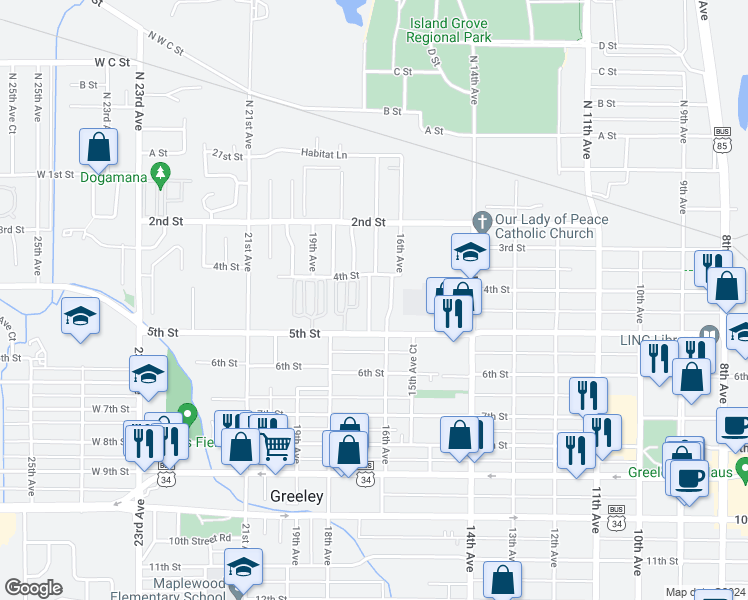 map of restaurants, bars, coffee shops, grocery stores, and more near 408 16th Avenue Court in Greeley