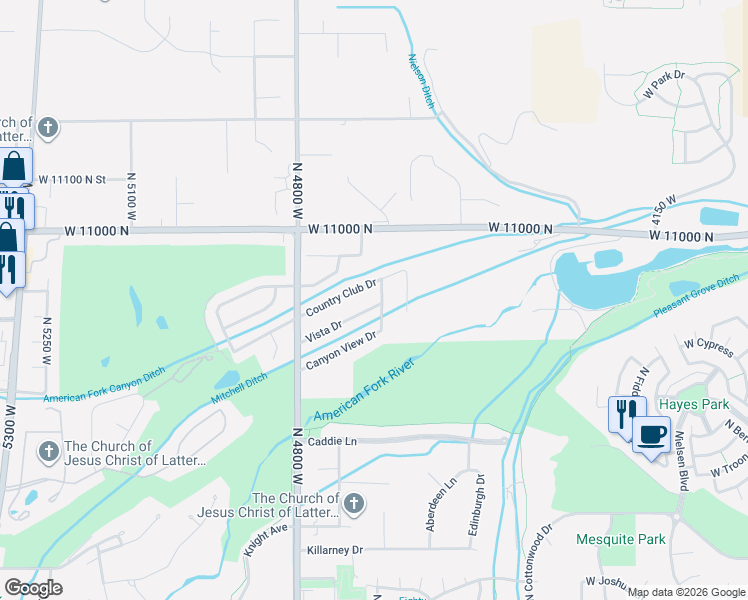 map of restaurants, bars, coffee shops, grocery stores, and more near 4652 Vista Drive in Highland