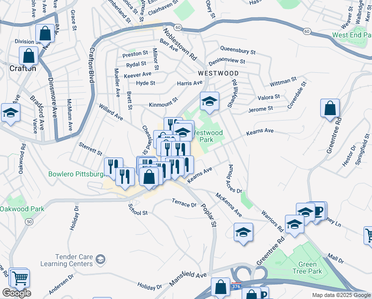 map of restaurants, bars, coffee shops, grocery stores, and more near 2121 Noblestown Road in Pittsburgh
