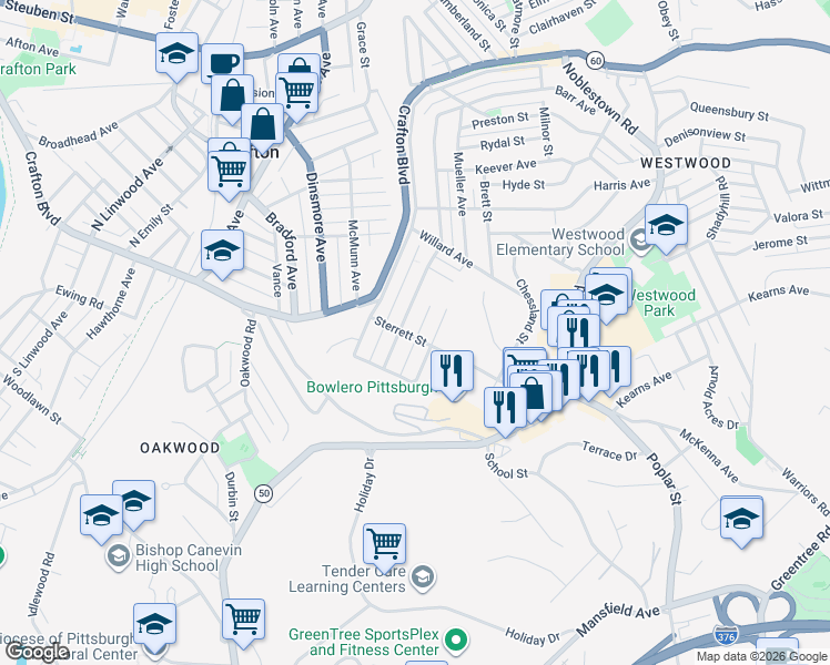 map of restaurants, bars, coffee shops, grocery stores, and more near 221 Sterrett Street in Pittsburgh