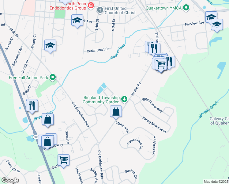 map of restaurants, bars, coffee shops, grocery stores, and more near 1324 Quakers Way in Quakertown