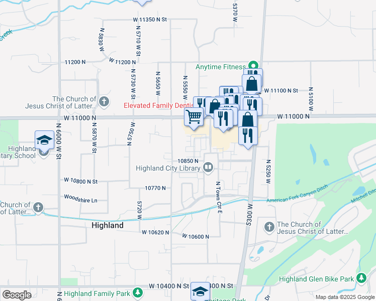 map of restaurants, bars, coffee shops, grocery stores, and more near 5540 Sicily Lane in Highland