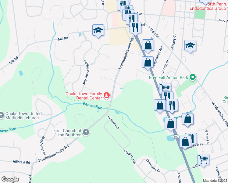 map of restaurants, bars, coffee shops, grocery stores, and more near 211 Trumbauersville Road in Quakertown