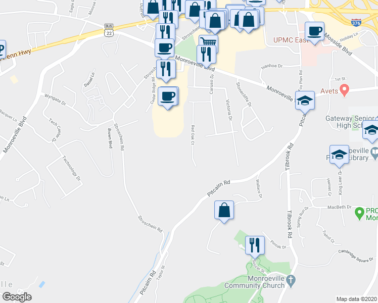 map of restaurants, bars, coffee shops, grocery stores, and more near 321 Red Oak Court in Monroeville