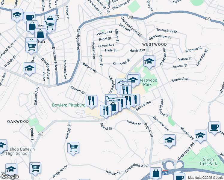 map of restaurants, bars, coffee shops, grocery stores, and more near 1814 Chessland Street in Pittsburgh