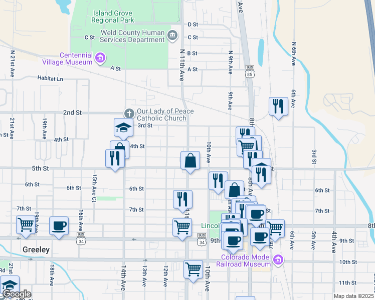 map of restaurants, bars, coffee shops, grocery stores, and more near 416 11th Avenue in Greeley