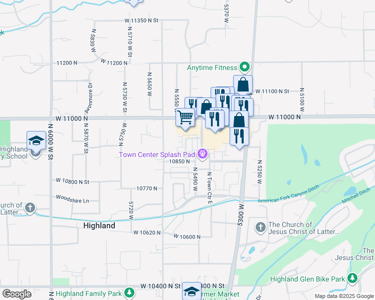 map of restaurants, bars, coffee shops, grocery stores, and more near 5517 Sicily Lane in Highland