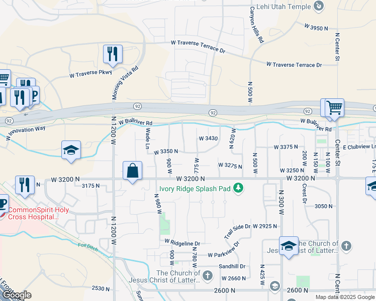 map of restaurants, bars, coffee shops, grocery stores, and more near 817 West 3350 North in Lehi