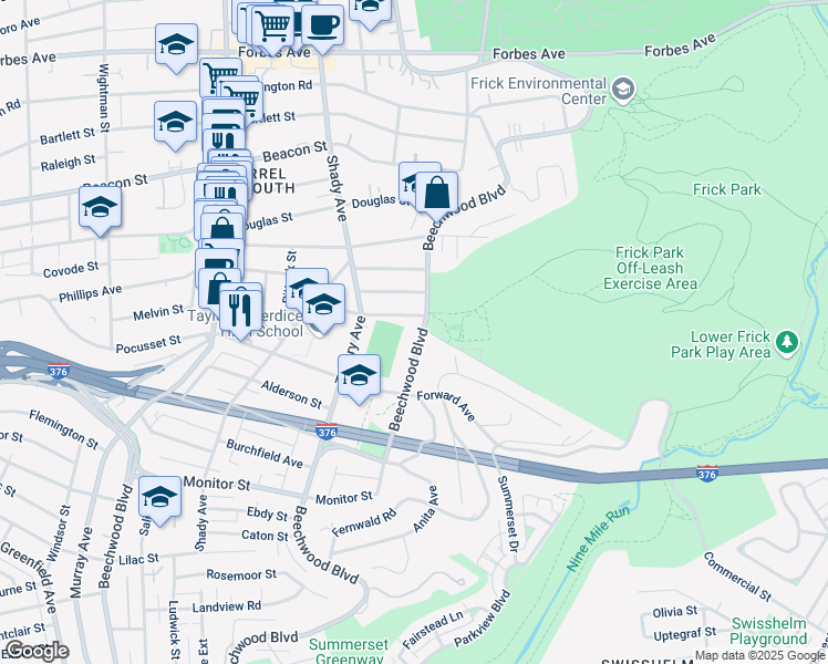 map of restaurants, bars, coffee shops, grocery stores, and more near 2528 Beechwood Boulevard in Pittsburgh