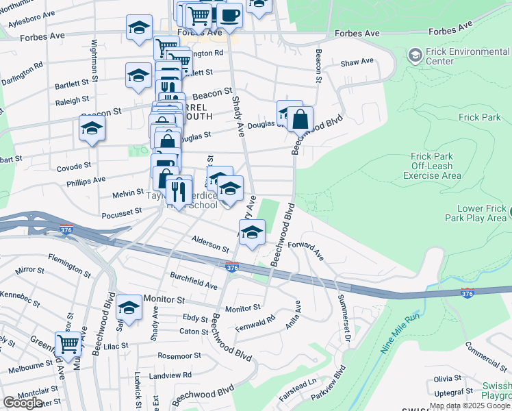 map of restaurants, bars, coffee shops, grocery stores, and more near 2355 Tilbury Avenue in Pittsburgh
