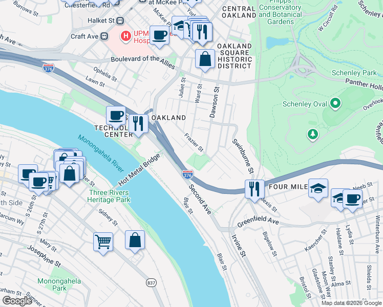 map of restaurants, bars, coffee shops, grocery stores, and more near 72 Wakefield Street in Pittsburgh