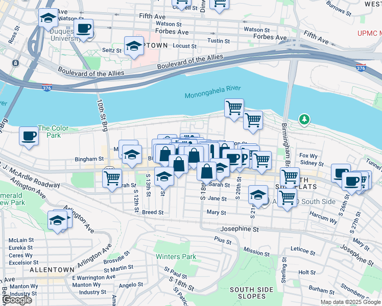 map of restaurants, bars, coffee shops, grocery stores, and more near 1711 Wrights Way in Pittsburgh