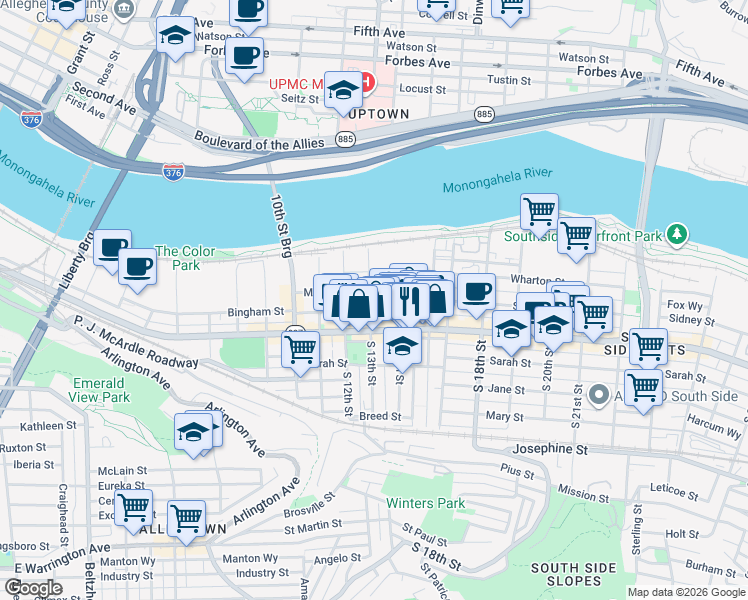 map of restaurants, bars, coffee shops, grocery stores, and more near 1323 Bingham Street in Pittsburgh