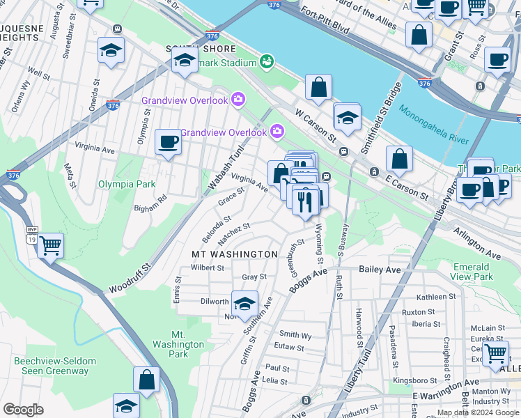 map of restaurants, bars, coffee shops, grocery stores, and more near 34 Natchez Street in Pittsburgh