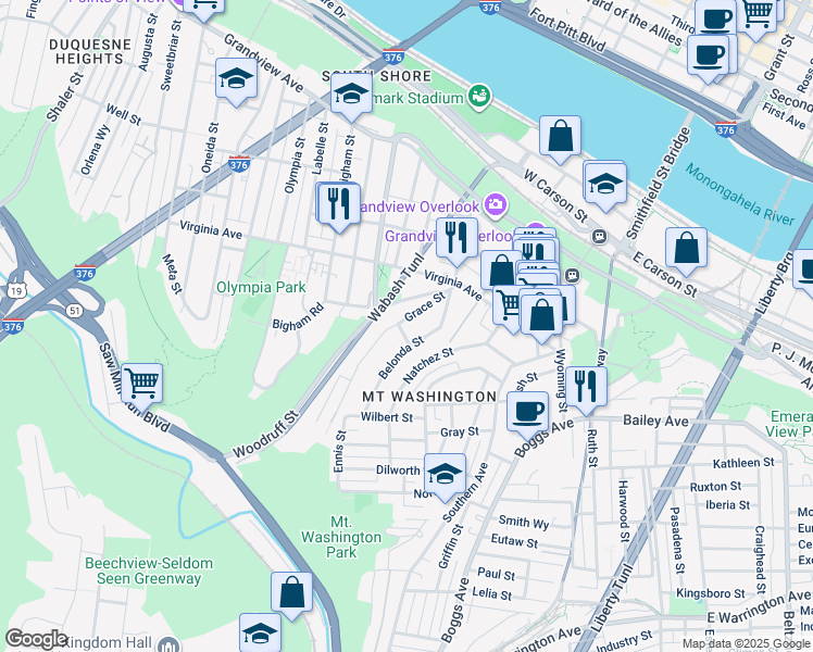 map of restaurants, bars, coffee shops, grocery stores, and more near 407 Grace Street in Pittsburgh