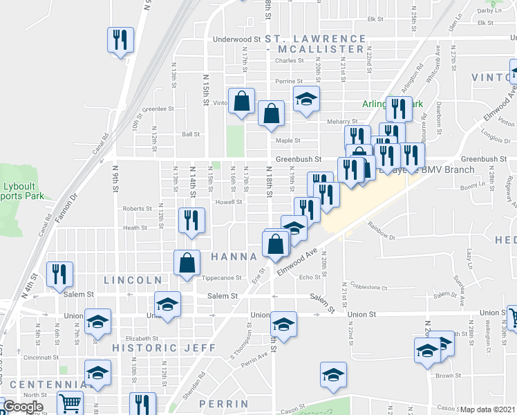 map of restaurants, bars, coffee shops, grocery stores, and more near 1711 Wilson Street in Lafayette
