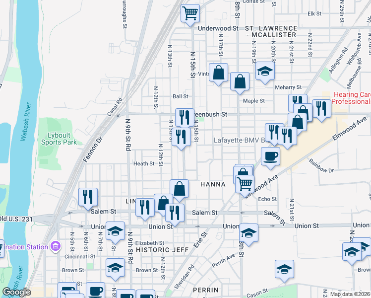 map of restaurants, bars, coffee shops, grocery stores, and more near 1205 North 14th Street in Lafayette