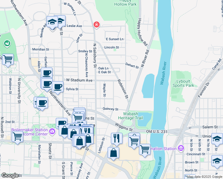 map of restaurants, bars, coffee shops, grocery stores, and more near 464 Maple Street in West Lafayette