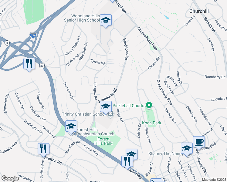 map of restaurants, bars, coffee shops, grocery stores, and more near 743 Braddock Road in Pittsburgh