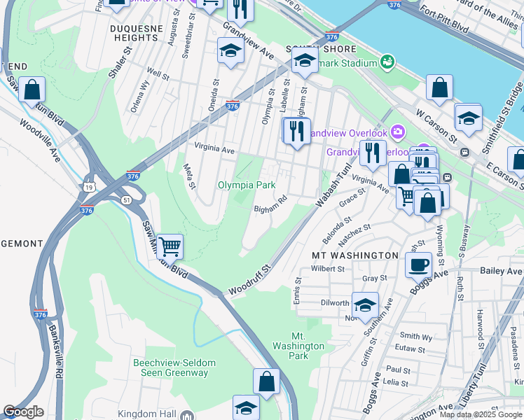 map of restaurants, bars, coffee shops, grocery stores, and more near 531 Bigham Road in Pittsburgh