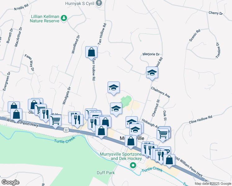 map of restaurants, bars, coffee shops, grocery stores, and more near 3200 School Road in Murrysville