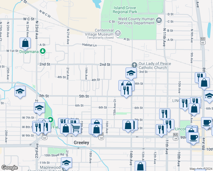 map of restaurants, bars, coffee shops, grocery stores, and more near 407 16th Avenue in Greeley