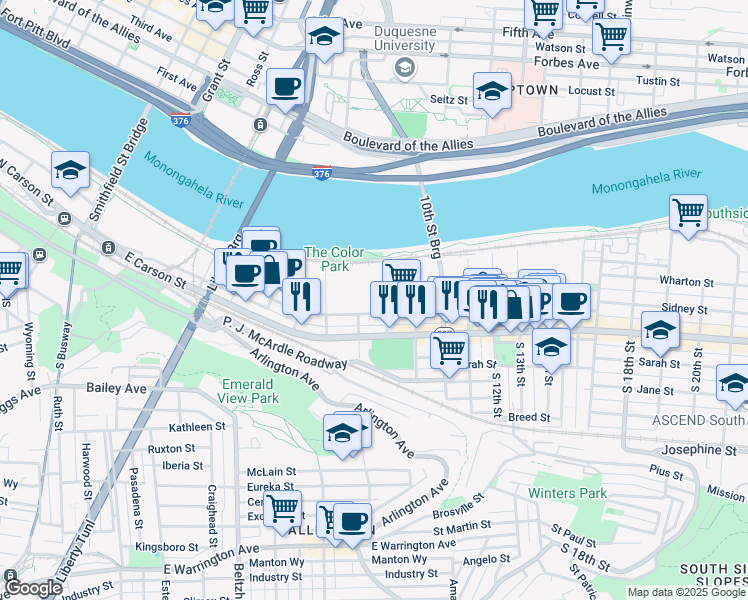 map of restaurants, bars, coffee shops, grocery stores, and more near 711 Bingham Street in Pittsburgh