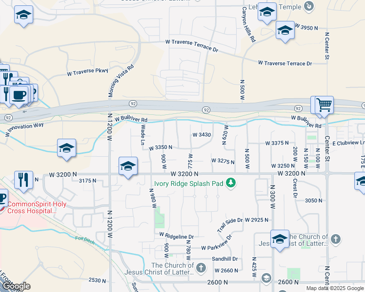 map of restaurants, bars, coffee shops, grocery stores, and more near 817 West 3350 North in Lehi