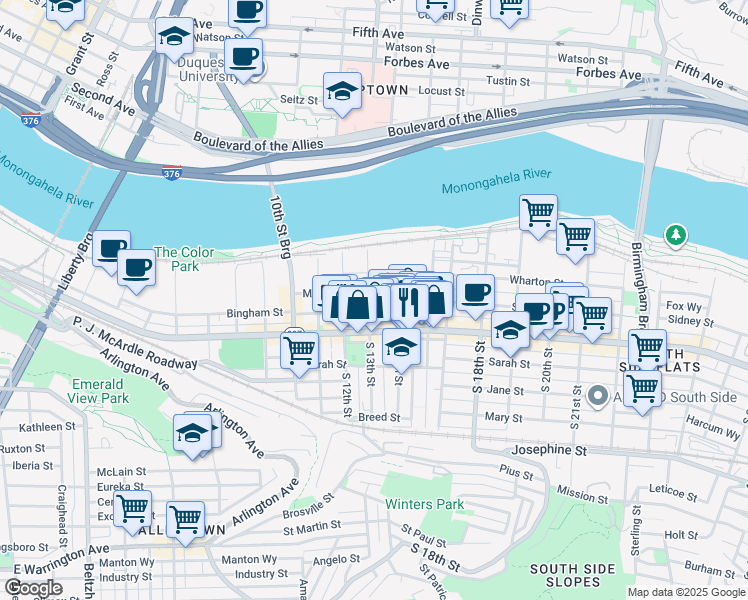 map of restaurants, bars, coffee shops, grocery stores, and more near 1323 Bingham Street in Pittsburgh