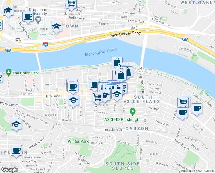 map of restaurants, bars, coffee shops, grocery stores, and more near 61 South 19th Street in Pittsburgh
