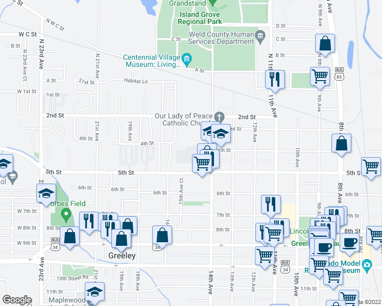 map of restaurants, bars, coffee shops, grocery stores, and more near 341 14th Avenue in Greeley
