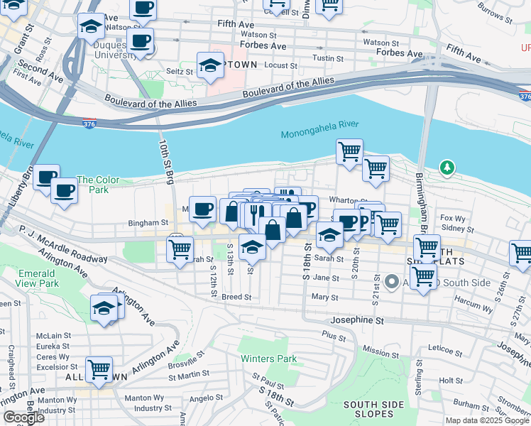 map of restaurants, bars, coffee shops, grocery stores, and more near in Pittsburgh