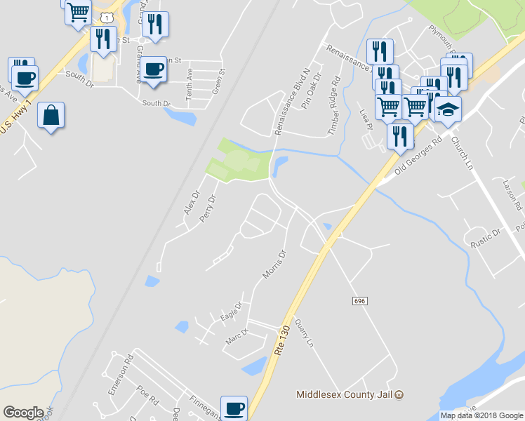 map of restaurants, bars, coffee shops, grocery stores, and more near 39 Palmetto Way in North Brunswick