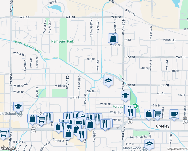 map of restaurants, bars, coffee shops, grocery stores, and more near 2510 4th Street in Greeley