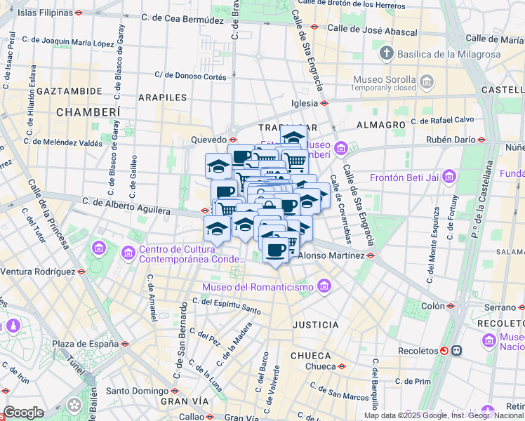 map of restaurants, bars, coffee shops, grocery stores, and more near 118 Calle de Fuencarral in Madrid