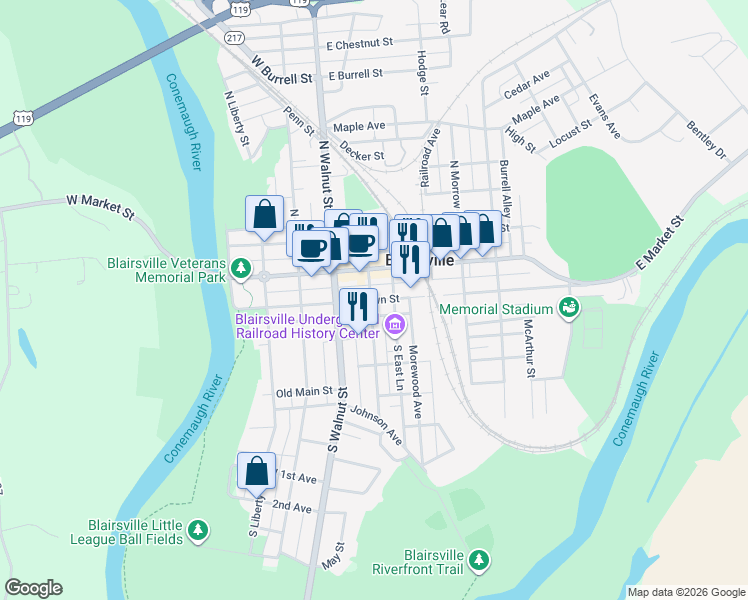 map of restaurants, bars, coffee shops, grocery stores, and more near 107 East Brown Street in Blairsville