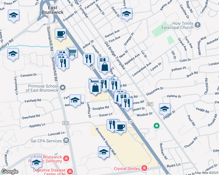map of restaurants, bars, coffee shops, grocery stores, and more near 689 New Jersey 18 in East Brunswick
