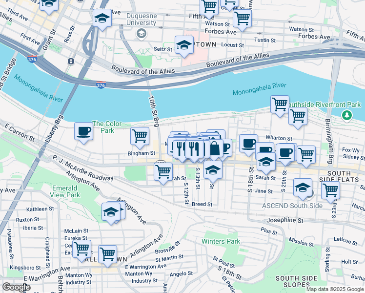 map of restaurants, bars, coffee shops, grocery stores, and more near 67 Bedford Square in Pittsburgh