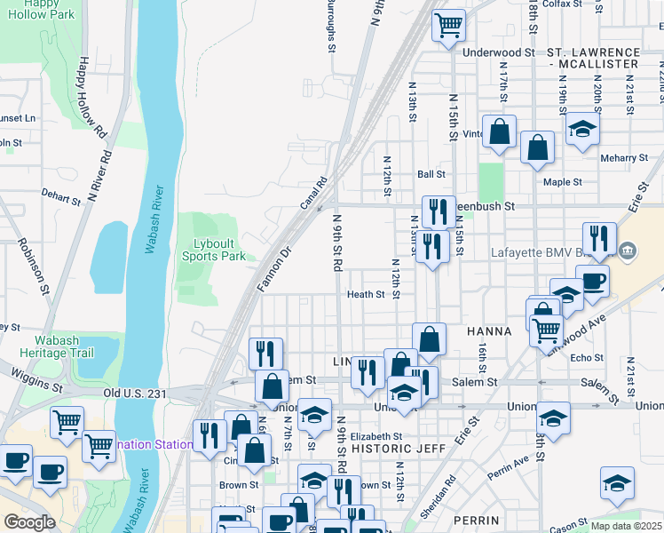 map of restaurants, bars, coffee shops, grocery stores, and more near 816 Roberts Street in Lafayette