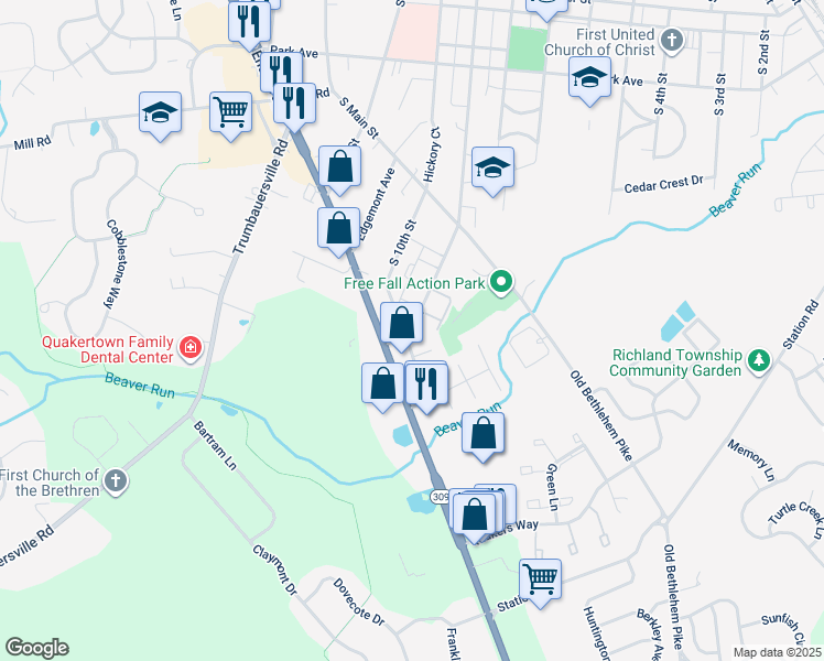 map of restaurants, bars, coffee shops, grocery stores, and more near 491 South 9th Street in Quakertown