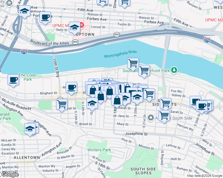 map of restaurants, bars, coffee shops, grocery stores, and more near 1711 Wrights Way in Pittsburgh