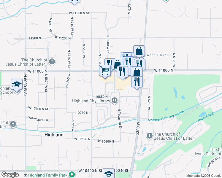map of restaurants, bars, coffee shops, grocery stores, and more near 10800 North 5400 West in Highland