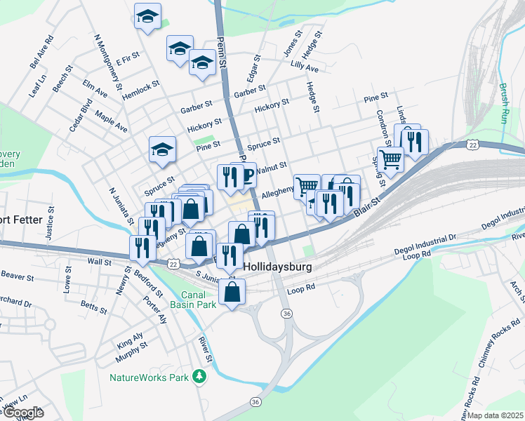 map of restaurants, bars, coffee shops, grocery stores, and more near 517 Mulberry Street in Hollidaysburg