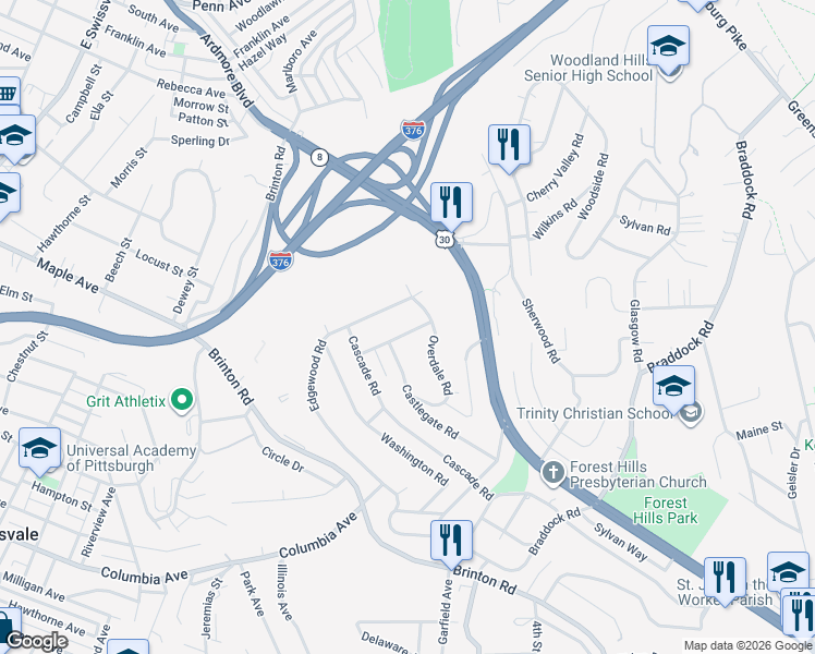 map of restaurants, bars, coffee shops, grocery stores, and more near 22 Hawthorne Road in Pittsburgh