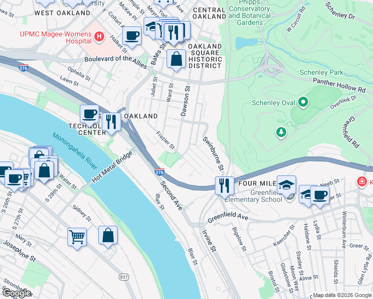 map of restaurants, bars, coffee shops, grocery stores, and more near 3706 Orpwood Street in Pittsburgh