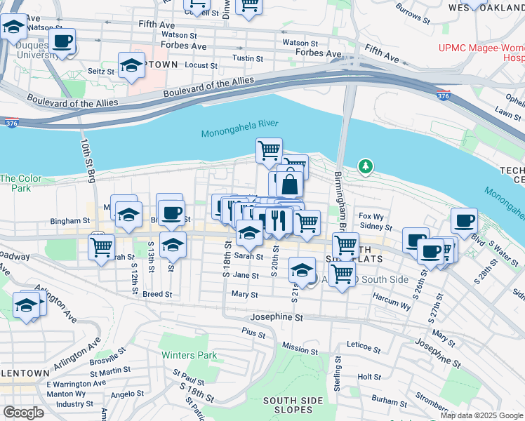 map of restaurants, bars, coffee shops, grocery stores, and more near 1910 Sidney Street in Pittsburgh