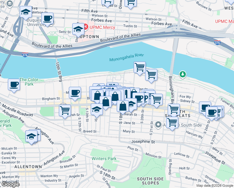 map of restaurants, bars, coffee shops, grocery stores, and more near 1711 Wrights Way in Pittsburgh