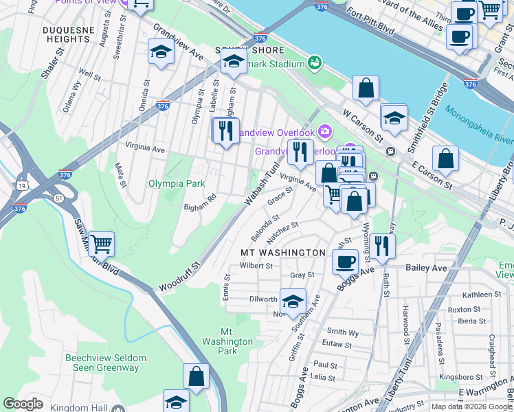 map of restaurants, bars, coffee shops, grocery stores, and more near 407 Grace Street in Pittsburgh